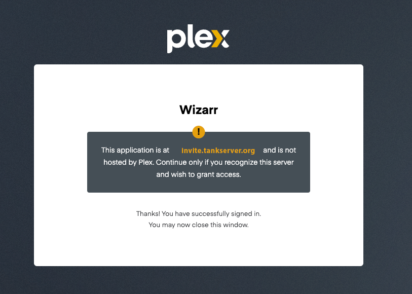 Plex confirmation screen