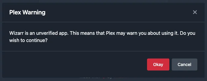 Plex Warning showing "Wizarr is an unverified app" message